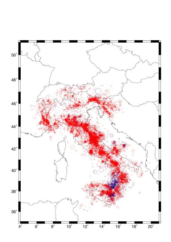 in rosso profondità terremoti minore di 60 km,in blu maggiore di 60 km