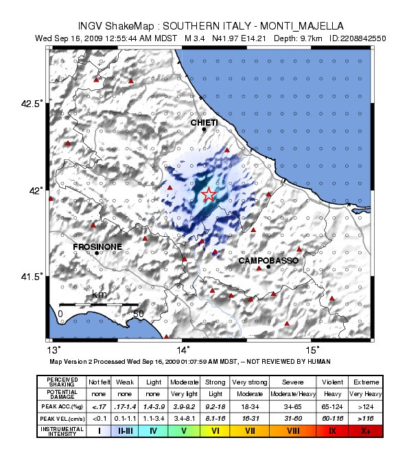 scuotimento registrato in varie località durante la scossa del 16 settembre 2009 alle ore 00.55 con epicentro Montenerodomo