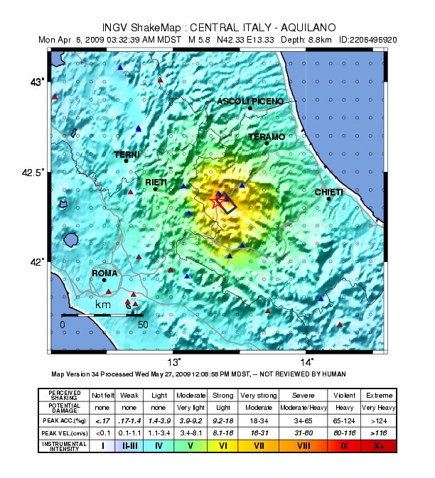 mappa risentimento sismico località, ore 3,32 Mw 6.3