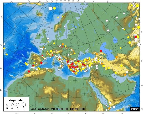 30 settembre 2009,terremoti avvenuti nelle ultime 2 settimane in europa